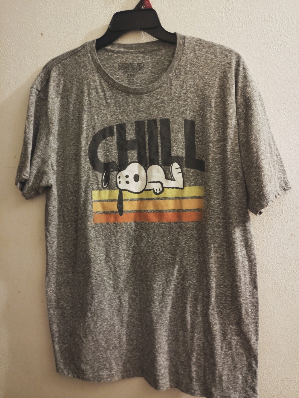 Peanuts Gray 'Chill' Snoopy Short Sleeve Tee with Yellow & Orange Stripes